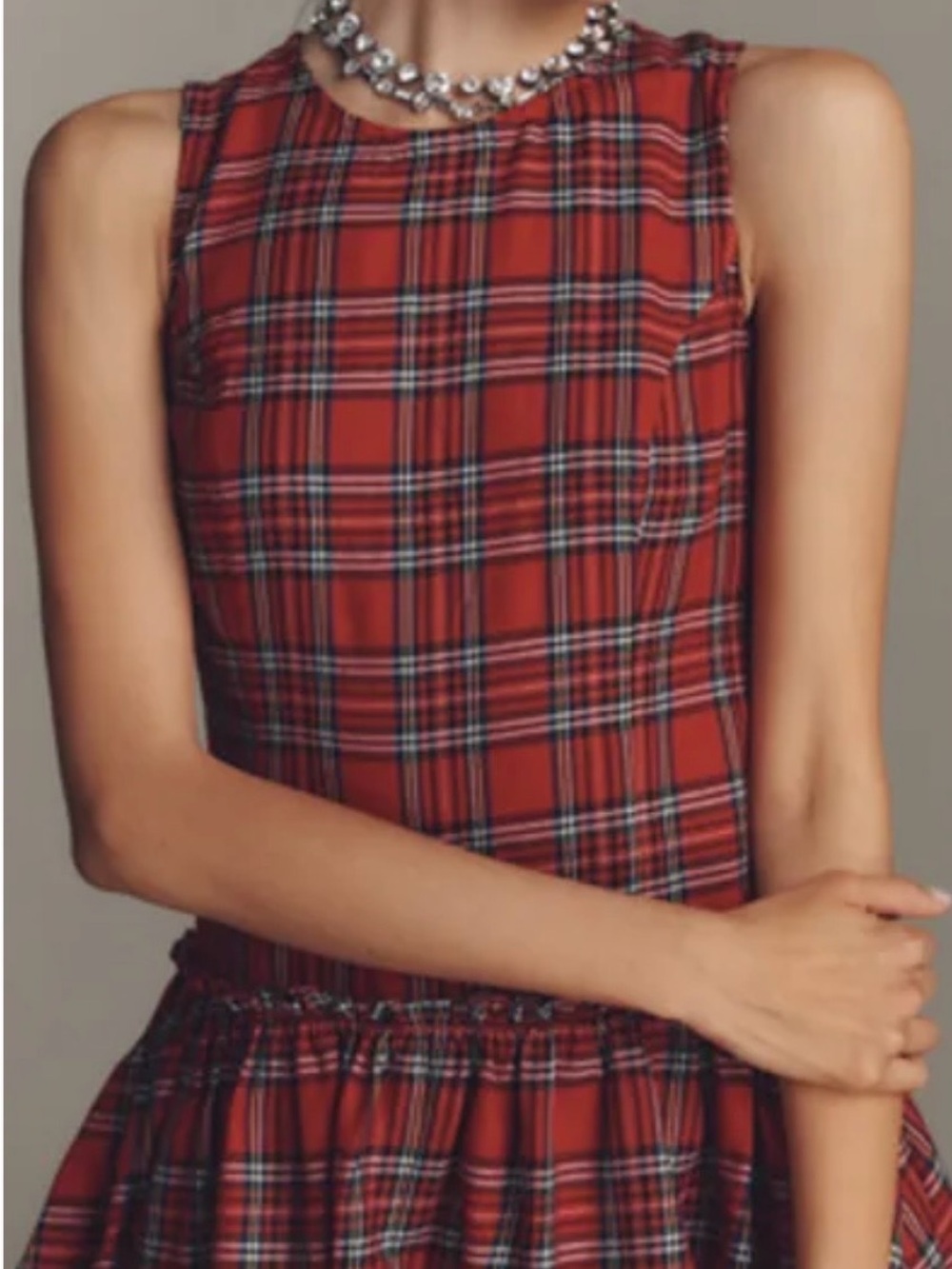 Porridge by anthropologie Red holiday Sleeveless plaid Mini Dress with Ruffle - Picture 4 of 8